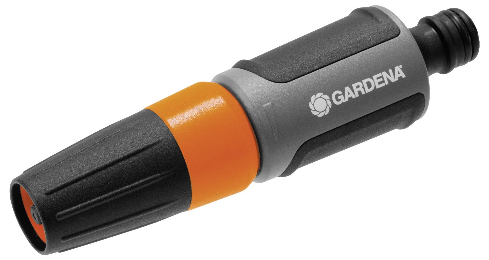Ein verstellbarer Spritzenaufsatz für Gartenschläuche von Gardena, mit grauem und schwarzem Griff und orangefarbenem Ring.