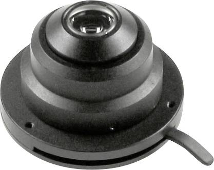 Ein schwarzes, kuppelförmiges Kameraobjektiv mit leicht hervorstehendem Linsenelement und seitlicher Lasche liegt auf einem flachen Untergrund.