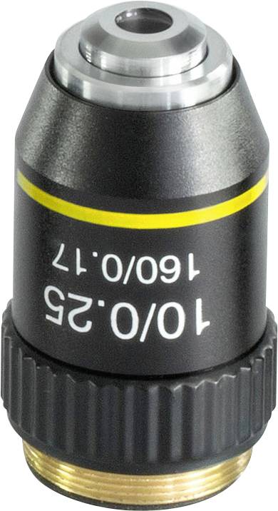 Mikroskopobjektiv mit der Aufschrift '10/0,25' und '160/0,17', schwarzes Gehäuse, gelber Ring, geeignet für wissenschaftliche Anwendungen.