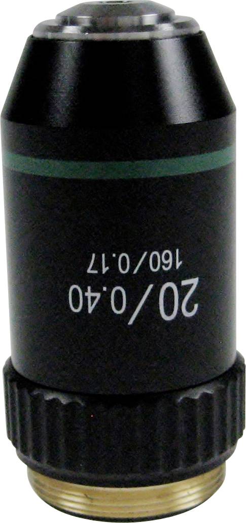 Ein Mikroskopobjektiv mit der Aufschrift '20/0.40 160/0.17', schwarzes Gehäuse, geeignet für präzise wissenschaftliche Beobachtungen.