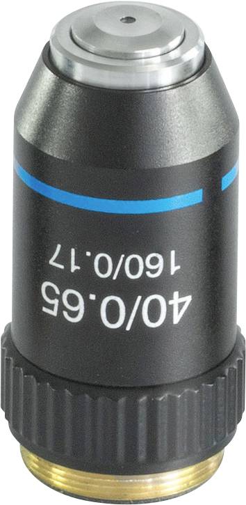 Mikroskopobjektiv mit blauer Markierung, Brennweite 40/0,65, geeignet für präzise wissenschaftliche Analysen.