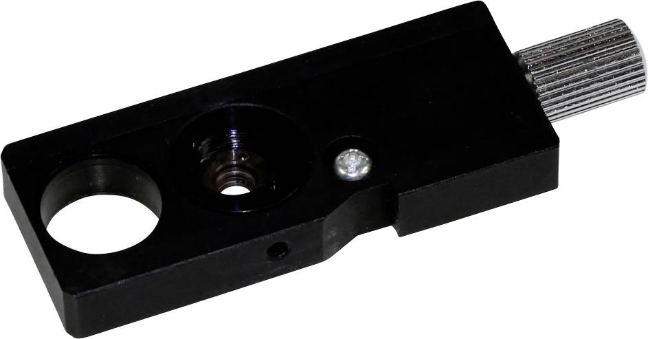 Ein schwarzer, rechteckiger mechanischer Teil mit einem silbernen Drehknopf an einem Ende, verwendet für technische Anwendungen.