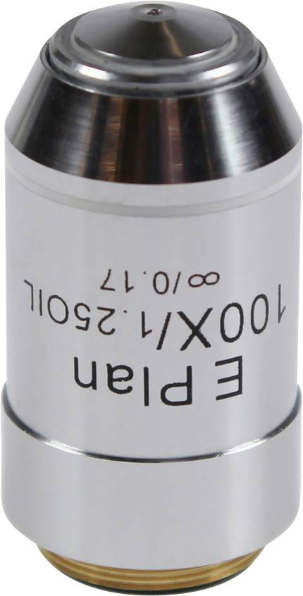 Großes Mikroskopobjektiv mit 100x Vergrößerung und numerischer Apertur von 1.25.