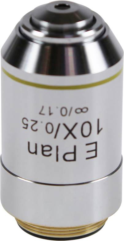 Mikroskopobjektiv mit der Aufschrift 'E plan 10x/0,25', silberfarben mit schwarzen Akzenten.