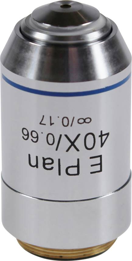 Mikroskopobjektiv 'E Plan 40X/0.66' mit Metallgehäuse und Beschriftung auf der Seite.