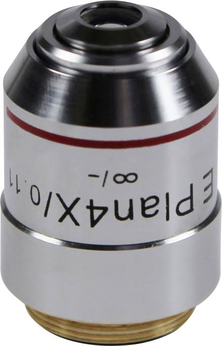 Ein silbernes Mikroskopobjektiv mit der Aufschrift 'Plan 4/0.10', geeignet für Vergrößerungen in wissenschaftlichen Anwendungen.