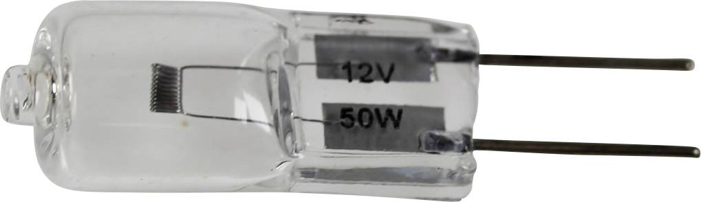 Eine Halogenlampe mit Beschriftung '12V 50W', klein und zylindrisch, mit zwei Drahtanschlüssen.