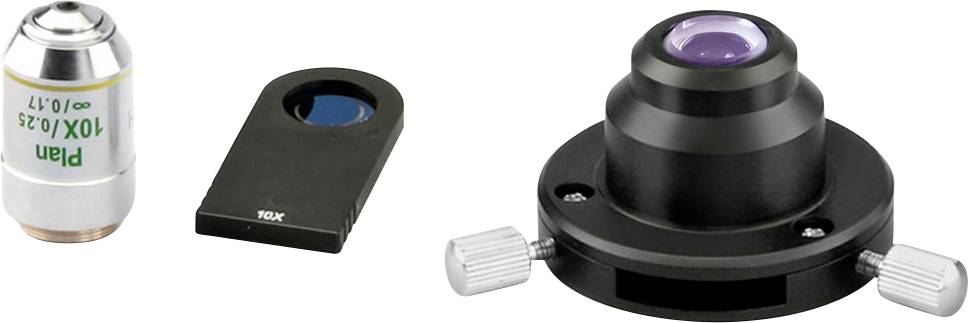 Mikroskopobjektiv mit 10-facher Vergrößerung, Polarisationsfilter und Halterung.