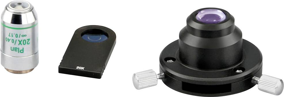 Mikroskopobjektiv, 20-fache Vergrößerung, mit Zubehör zur Befestigung und Schutzkappe. Geeignet für Laboranwendungen.