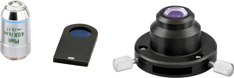 'Plan 40/0.65' Objektivlinsen-Set mit drei Komponenten: silberne Linsenfassung links, blauer Filter in schwarzem Rahmen zentral, schwarzes Verstellmodul rechts.