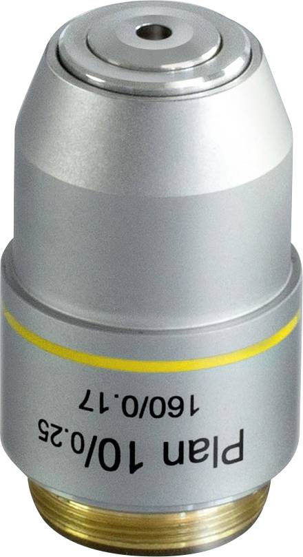 Mikroskopobjektiv mit der Aufschrift 'Plan 10/0.25 160/0.17', silberfarben, zylindrische Form, für wissenschaftliche Anwendungen.