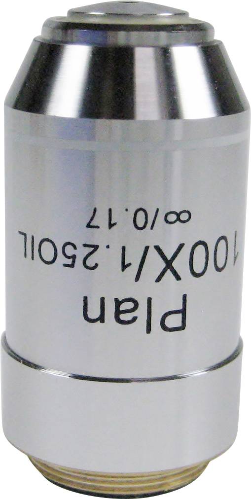 Ein Mikroskopobjektiv mit der Aufschrift 'Plan 100X/1.25 Oil ∞/0.17'. Es ist silbern mit einem schwarzen Text.