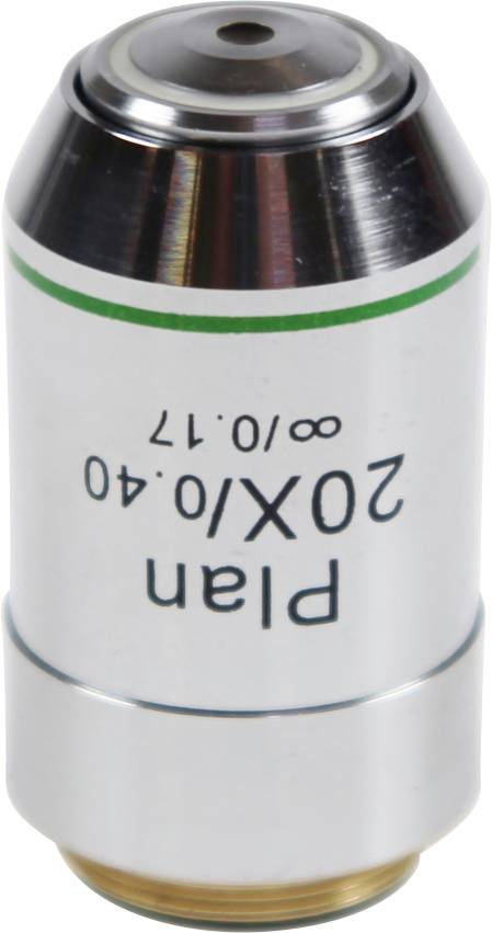 Mikroskopobjektiv mit der Aufschrift 'Plan 20x/0.40 ∞/0.17', silberner Metallzylinder mit grünem Streifen nahe der Oberseite.