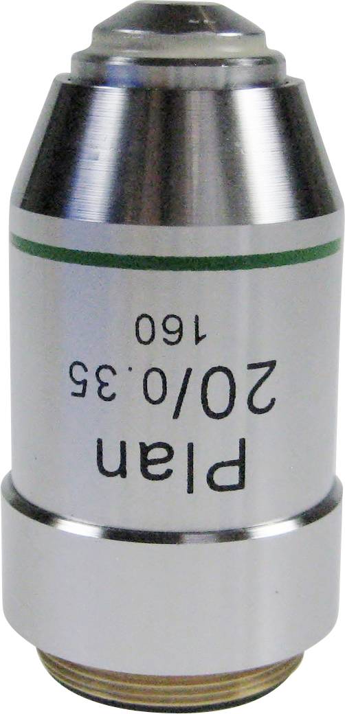 Mikroskopobjektiv mit der Aufschrift 'Plan 20/0,35'. Es ist silberfarben mit grünem Streifen und einer gewölbten Linse.