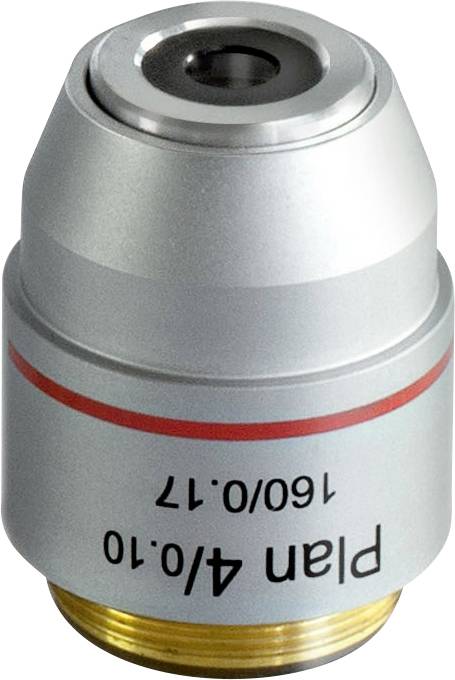 Mikroskopobjektiv mit Aufschrift 'Plan 4/0.10 160/0.17', geeignet für präzise optische Vergrößerung, zeigt robustes Design.