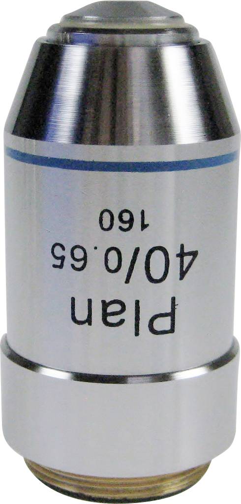 Mikroskopobjektiv mit der Aufschrift 'plan 40/0,65 160', zylinderförmig und metallisch glänzend.