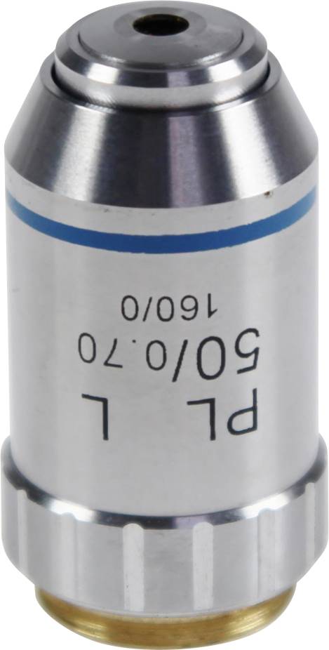 Ein silbernes Mikroskopobjektiv mit blauer Markierung, beschriftet mit 'PL L 50/0.70 160/0', für präzise wissenschaftliche Untersuchung.