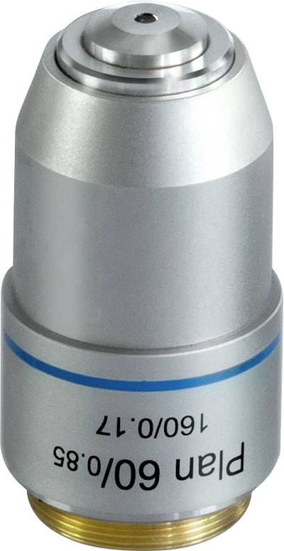 Optikobjektiv mit blauer Markierung und Aufschrift 'Plan 60/0,85', vermutlich Teil eines Mikroskops.