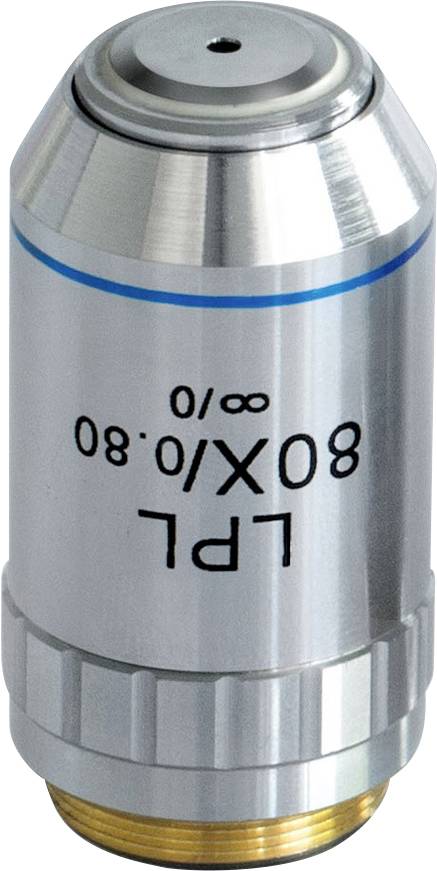 Silbernes Mikroskopobjektiv mit blauer Markierung und der Aufschrift 'LPL 80X/0.80 ∞/0' auf der Seite.