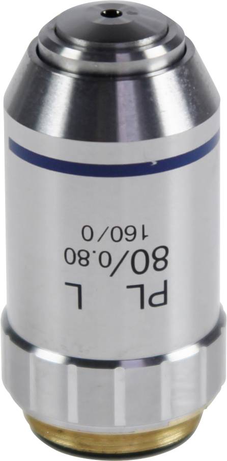Silbernes Mikroskopobjektiv mit blauer Markierung, Beschriftung 'PL 80/0.80 160/0', zylindrische Form, für optische Vergrößerung.