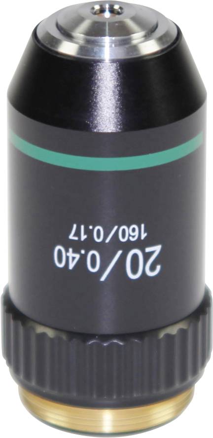 Mikroskopobjektiv mit den Aufschriften '20/0.40' und '160/0.17', schwarz mit grünem Streifen und Metallring an der Unterseite.