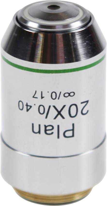 Metallisches Mikroskopobjektiv mit Aufschrift 'Plan 20X/0.40'. Oberer Teil glänzend, grüner Streifen markiert den Rand.