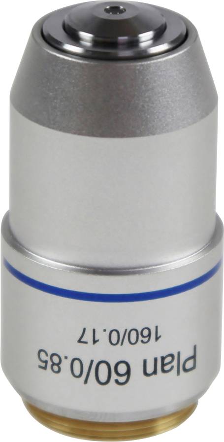 Silbernes Mikroskopobjektiv mit der Aufschrift 'Plan 60/0.85'.