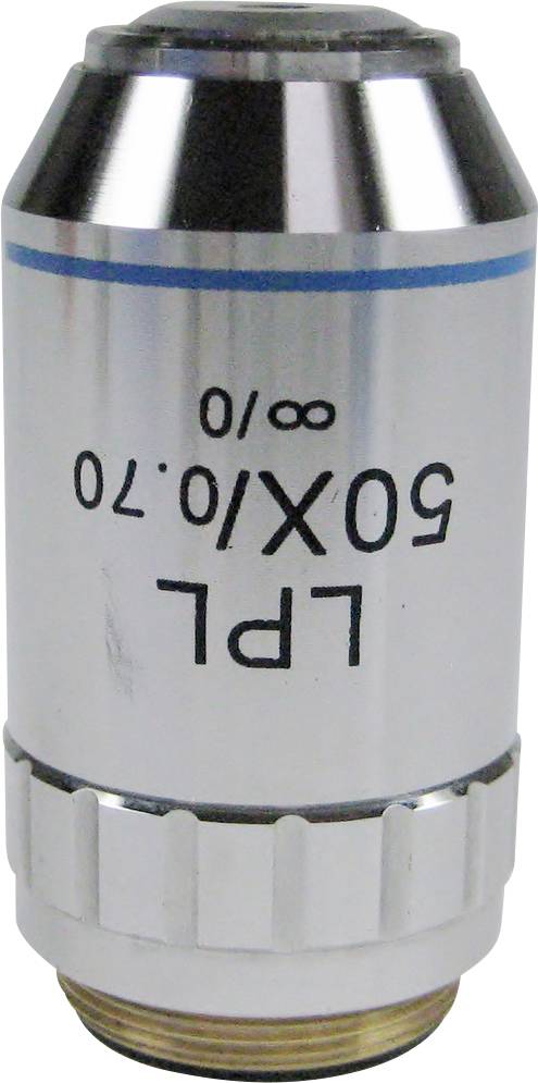 Vergrößerungsobjektiv mit der Aufschrift '50X/0.70 LPL'. Silberfarben mit blauer Linie. Used in Laborgeräten.