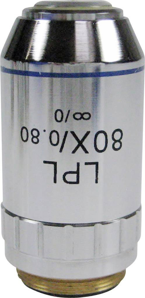 Ein Mikroskopobjektiv mit der Aufschrift '80X 0/0 ∞ LPL'. Erkennbar sind Linsenoberfläche und Metallgehäuse mit blauer Linie.