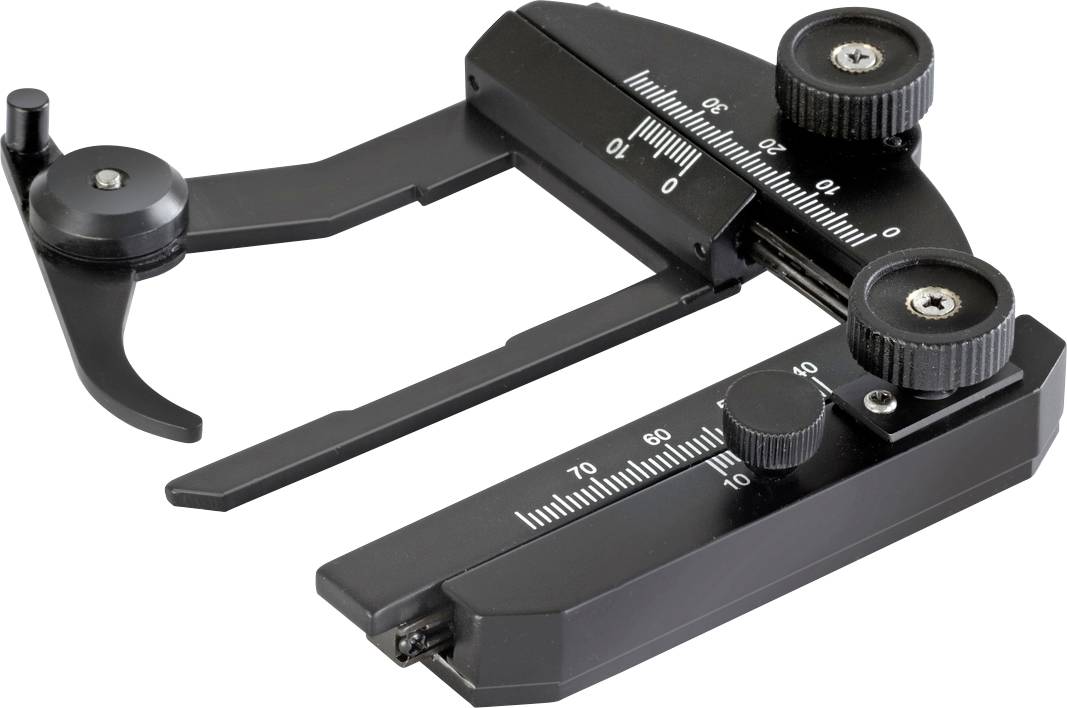 Schwarzer Sägenanschlag mit Skala zur Feineinstellung von Schnittwinkeln und -längen, nützlich für präzise Sägearbeiten.