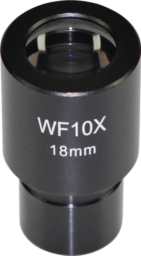 Mikroskop-Okular mit Aufschrift 'WF10X 18mm', schwarzes Gehäuse, optisches Instrument zur Vergrößerung der Sicht auf Objekte.
