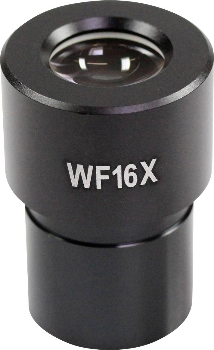 Ein schwarzes Mikroskop-Okular mit der Aufschrift 'WF16X', das zur Vergrößerung von Proben in wissenschaftlichen Untersuchungen verwendet wird.