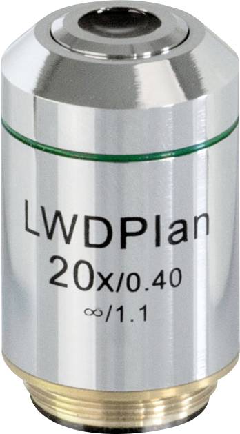Silbernes Mikroskop-Objektiv mit Gravur 'LWDPlan 20x/0.40 ∞/1.1'. Oberer Bereich ist glänzend, unterer Bereich hat ein Gewinde.