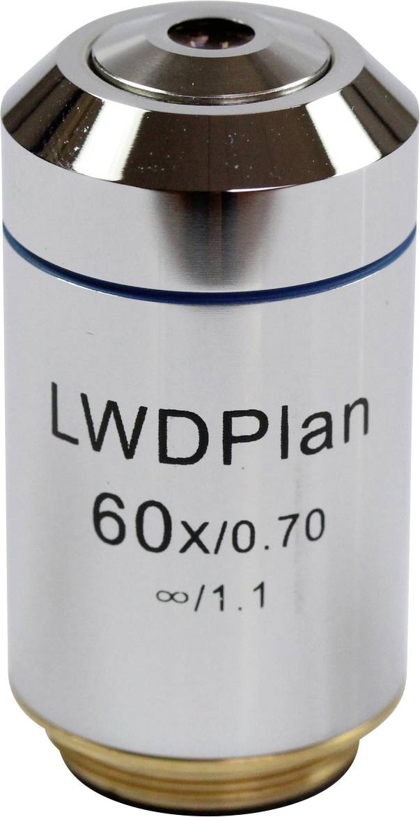 Mikroskopobjektiv mit der Aufschrift 'LWD Plan 60x/0.70 ∞/1.1', silberfarben, zylindrisch, konische Spitze.