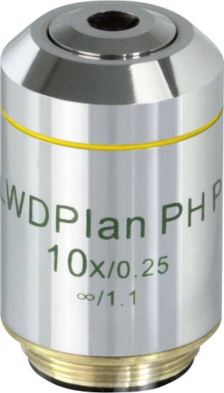 Mikroskopobjektiv mit der Aufschrift 'LWDPlan PH 10x/0.25 ∞/1.1', silberfarben, zylinderförmig, für wissenschaftliche Anwendungen.