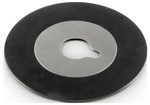 'Waschmaschine Dichtung', eine schwarze, runde Dichtung für Waschmaschinen, mit einem metallischen Mittelteil und einer Öffnung in der Mitte.