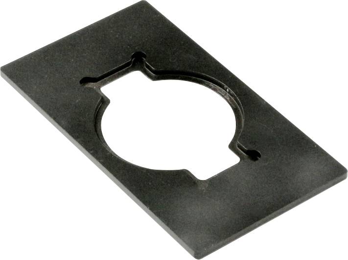 Rechteckige schwarze Abdeckplatte mit zentralem kreisförmigem Ausschnitt und zwei seitlichen Aussparungen, vermutlich für Steckdosenmontage.