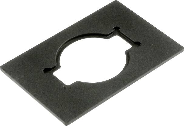 Rechteckige schwarze Platte mit kreisförmiger Aussparung, verwendet zur Befestigung oder zum Halten eines runden Objekts.