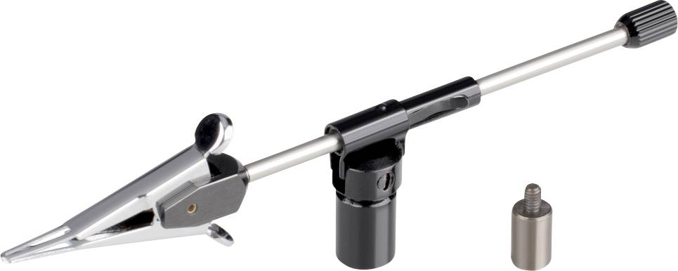 Ein silbernes Greifwerkzeug mit verstellbarem Arm und schwarzem Sockel, daneben ein separates Metallgewinde.