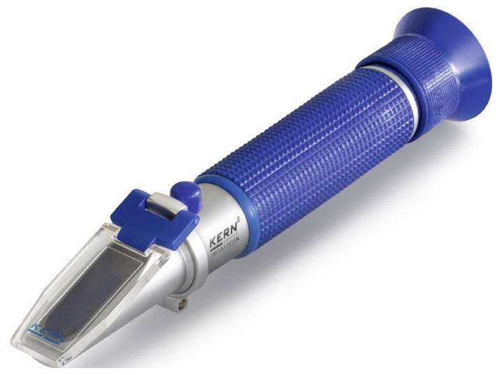 Ein Handrefraktometer mit blauem Griff und einer Skala zur Messung des Brechungsindex von Flüssigkeiten.