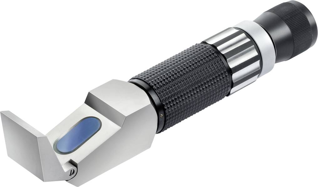 Ein Handrefraktometer mit blauem Sichtfeld und geriffeltem Griff. Wird zur Bestimmung des Flüssigkeitsbrechungsindex verwendet.