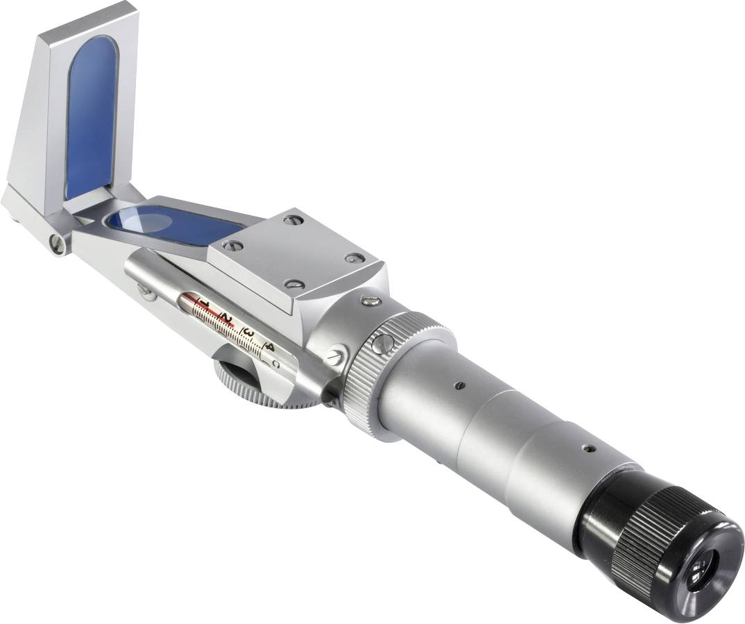 Ein silbernes optisches Instrument mit einem Okular und einem Spiegel zur Lichtumlenkung, häufig in astronomischen oder optischen Anwendungen verwendet.