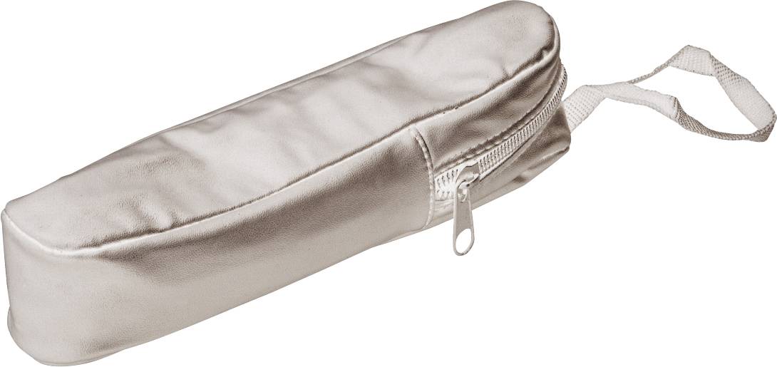 Silbernes, längliches Etui mit Reißverschluss und Trageschlaufe.