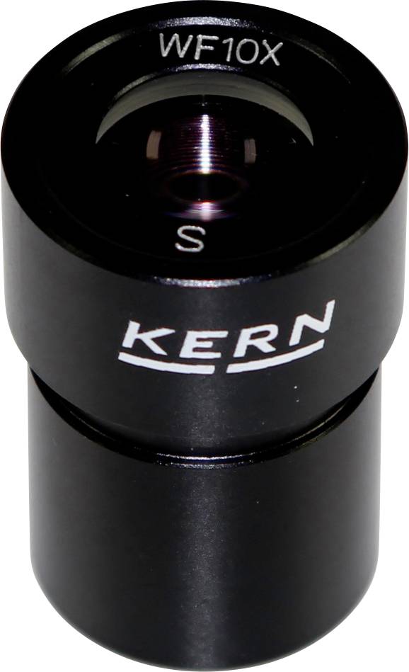 Ein schwarzes Mikroskop-Okular mit der Aufschrift 'KERN WF10X', zeigt die Vergrößerungsstärke und Marke.