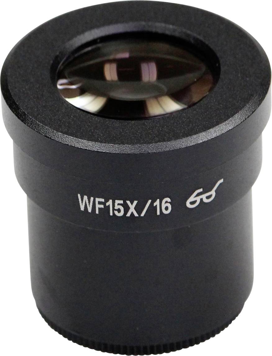 Okular für ein Mikroskop, schwarz, mit Aufschrift 'WF15X/16'. Geeignet zur Vergrößerung von Proben für wissenschaftliche Untersuchungen.