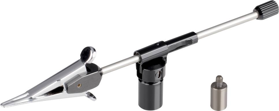 Eine metallische Spannvorrichtung mit verstellbarem Arm und silbernem Griff. Daneben ein zylinderförmiger Adapter.