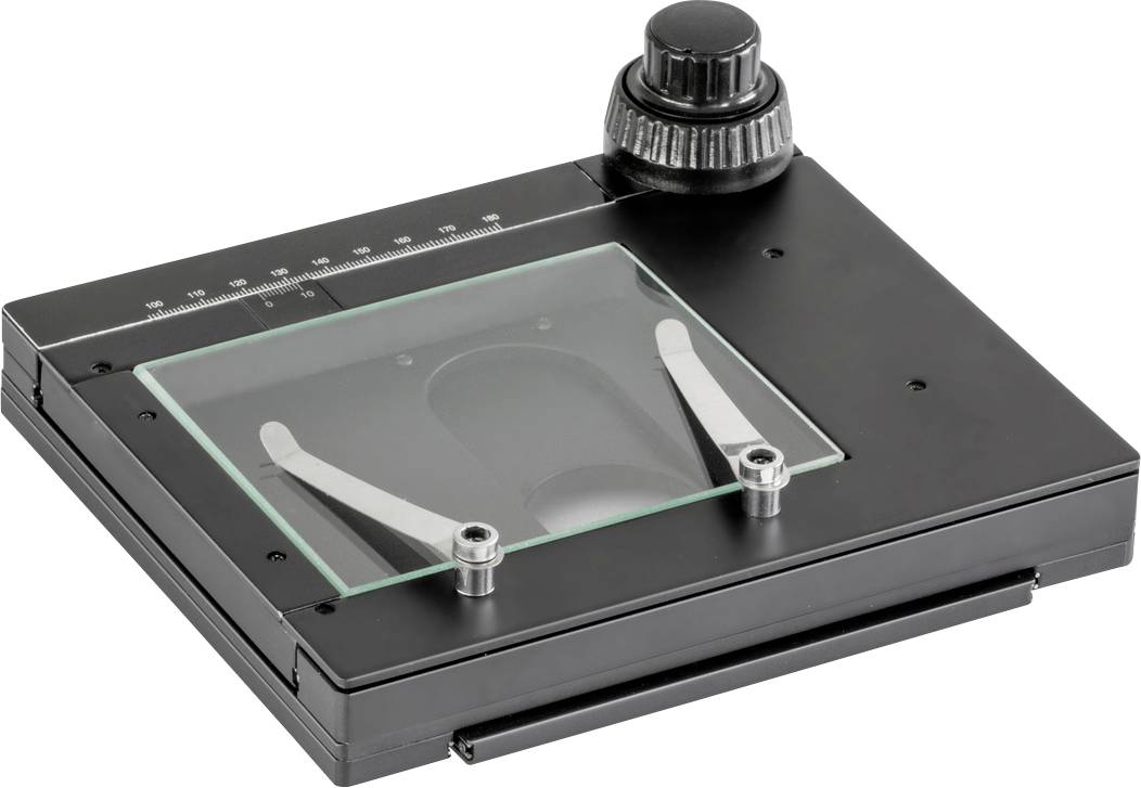 Mikroskoptisch mit schwarzem Rahmen, Glasplatte und Drehknopf zur Positionierung von Proben für mikroskopische Untersuchungen.