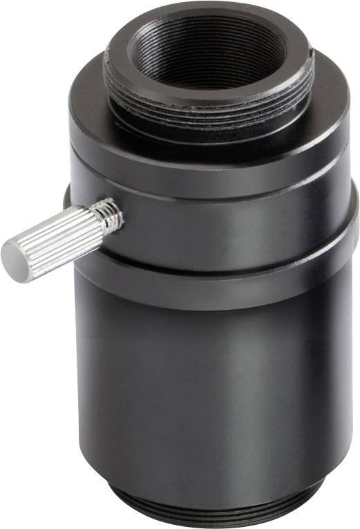 Ein schwarzes Metallteil mit einem Gewinde an beiden Enden und einem seitlichen Griff, vermutlich ein Adapter oder Verbindungselement.