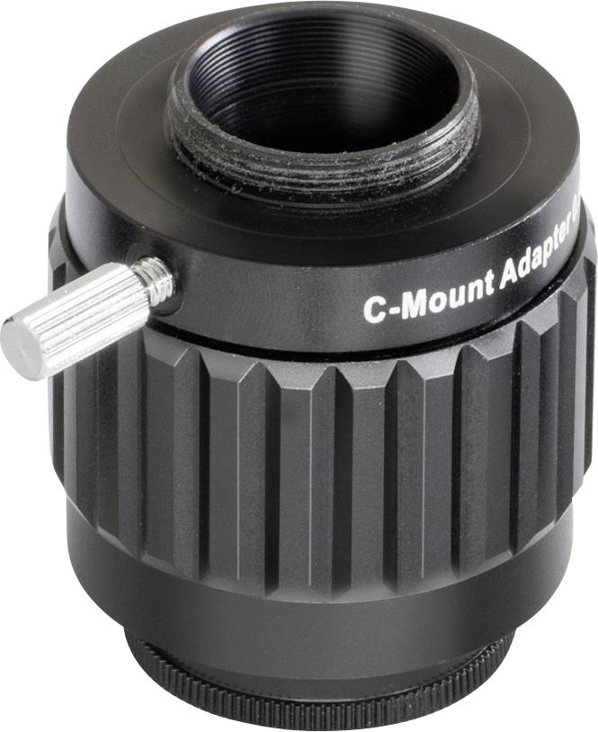 'C-Mount Adapter' in Schwarz mit grauem Rändelring und silbernem Metallhebel. Adapter zur Verbindung von Kameras mit Teleskopen oder Mikroskopen.