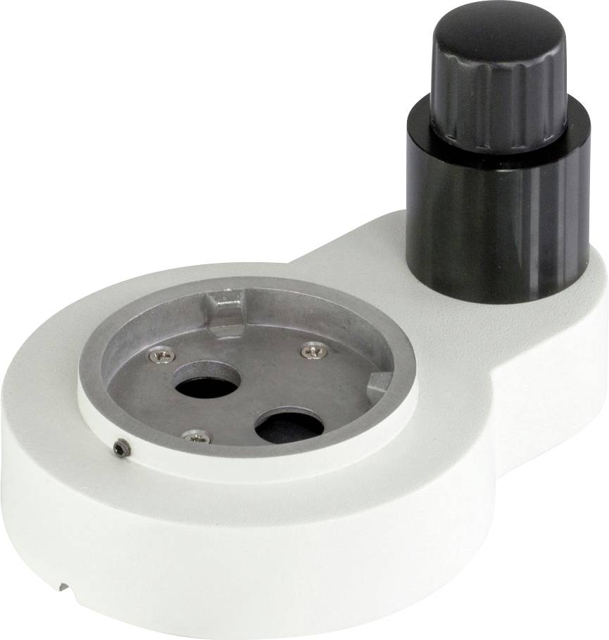 Eine runde, weiße Vorrichtung mit drei Löchern und einem schwarzen, zylindrischen Griff auf der rechten Seite.